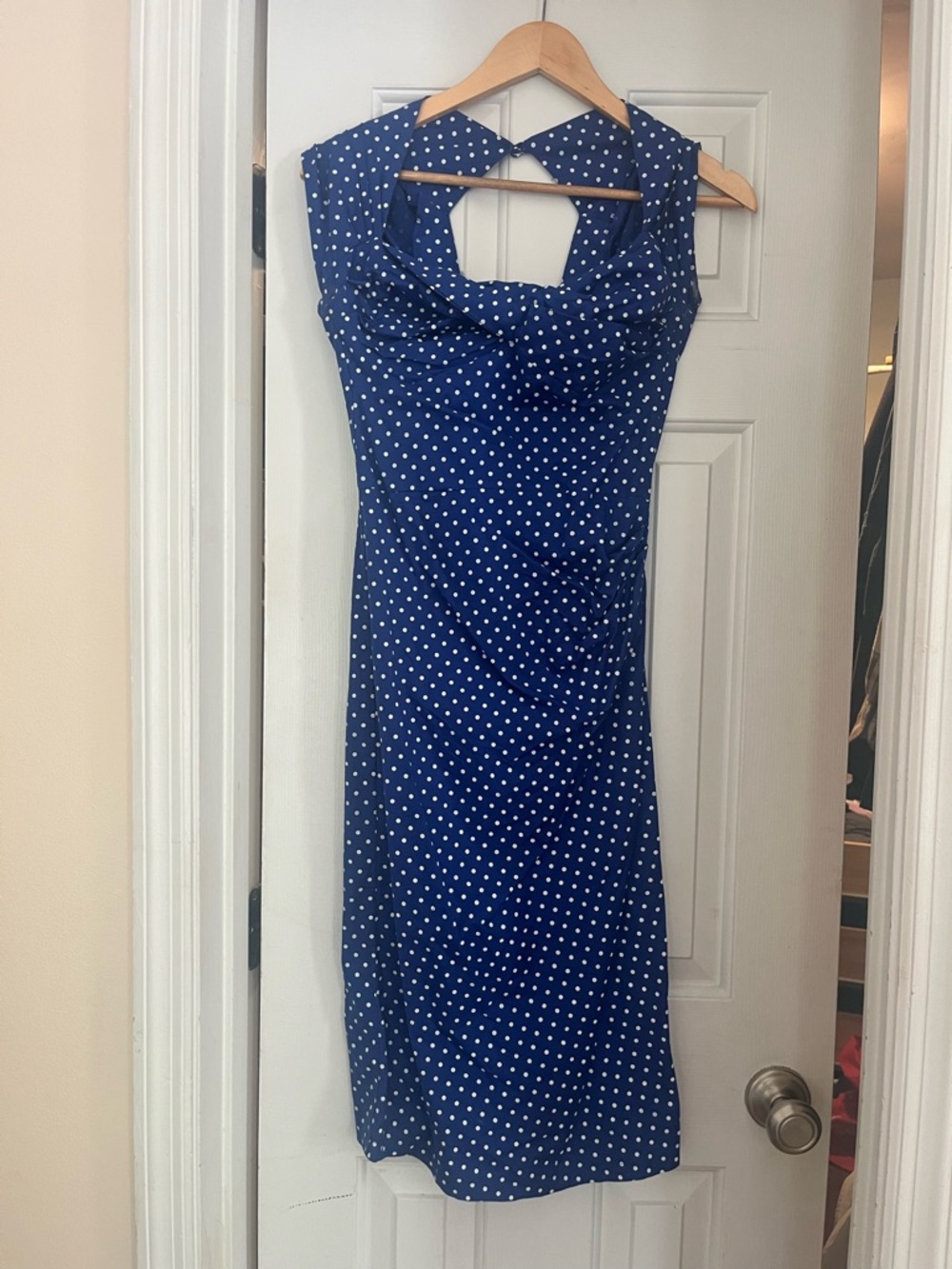 Navy Polka Dot Midi Dress with Sweetheart Neckline
